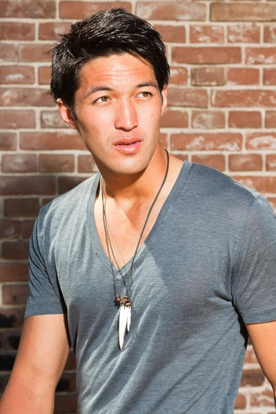 Hombre asiático urbano. Muy guapo. Un tipo genial. Llevando camisa gris. De pie frente a la pared de ladrillo . —  Fotos de Stock