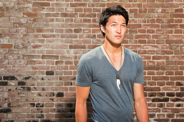 En urban asiatisk mann. Ser bra ut. Kul fyr. Med grå skjorte. Står foran murveggen . – stockfoto