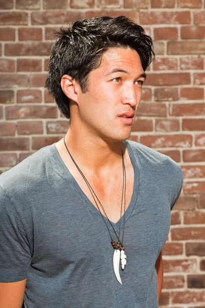 Hombre asiático urbano. Muy guapo. Un tipo genial. Llevando camisa gris. De pie frente a la pared de ladrillo . —  Fotos de Stock