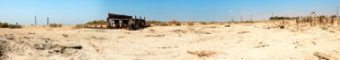 salton Denizi beach, california, ABD eski treyler ile terkedilmiş kasaba Panorama manzara