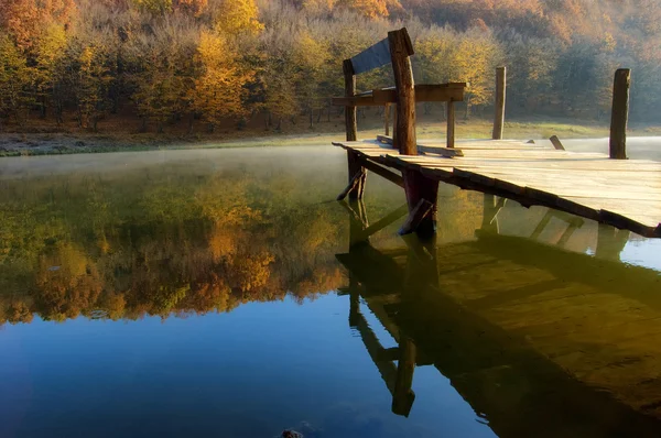 Mattina di autunno al lago vicino a una foresta — Foto Stock