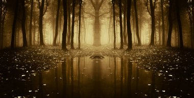 Fantasy autumn forest with fog and water clipart