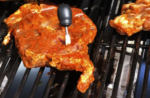 Sabroso kebab a la parrilla con tenedor en una celda de barbacoa parrilla — Foto de Stock