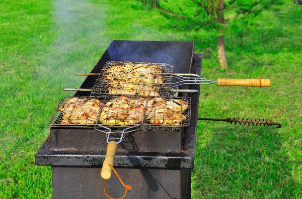 Sabroso kebab a la parrilla en un carbón — Foto de Stock