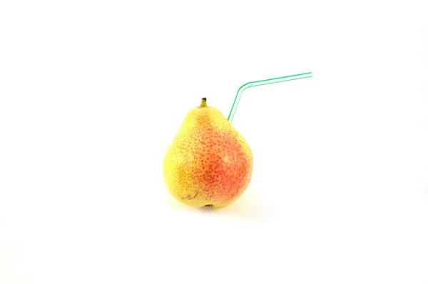 Fresh pear isolated on white with cockteil tube — Stock Photo, Image