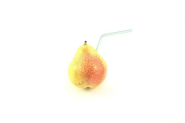 Fresh pear isolated on white with cockteil tube — Stock Photo, Image