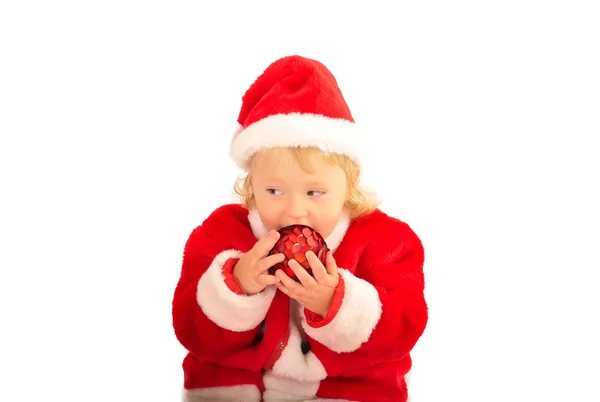 Малыш Фанни в костюмах Санта Клауса, изолированных на белом — стоковое фото