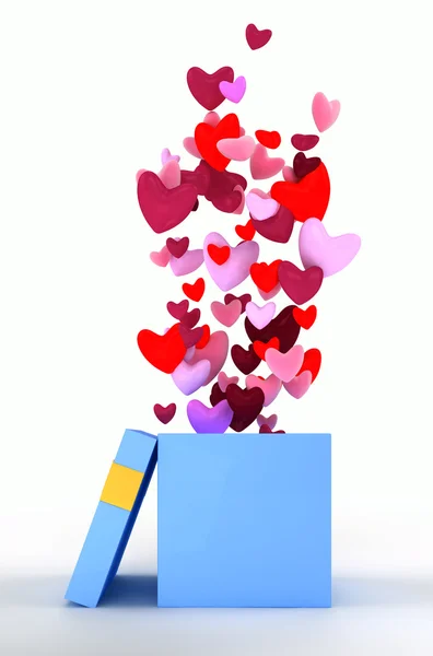 The fountain of pink hearts flying out of open gift box — Stock Photo, Image