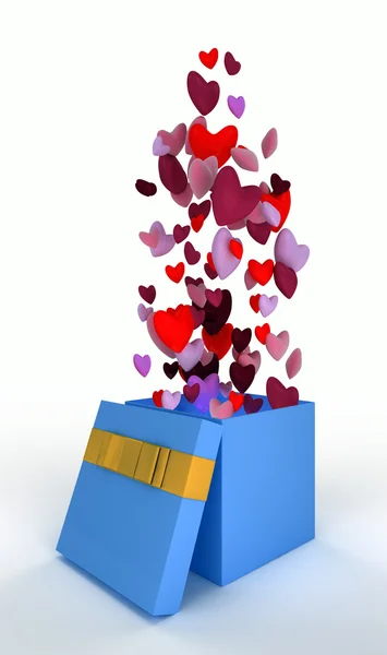 De fontein van roze harten vliegen uit open geschenkdoos — Stockfoto
