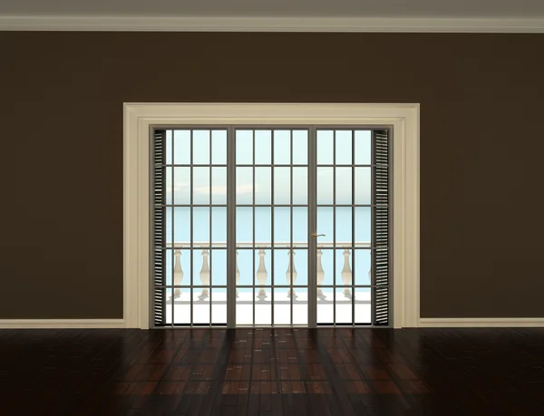 stock image Empty interior room with beige walls and windows to the terrace