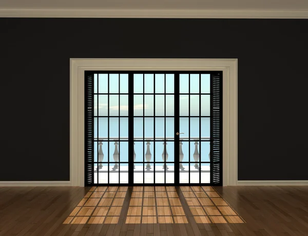 Leere Innenräume mit grauen Wänden und Fenstern zur Terrasse Stockbild