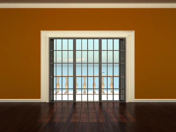 Пустой интерьер комнаты с оранжевыми стенами и окнами на террасу — стоковое фото