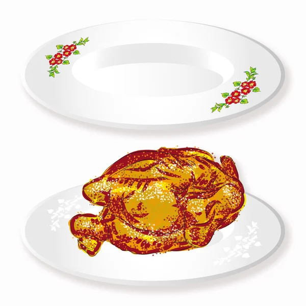 Raster drawing two white plates with roasted hen — Stock Photo, Image