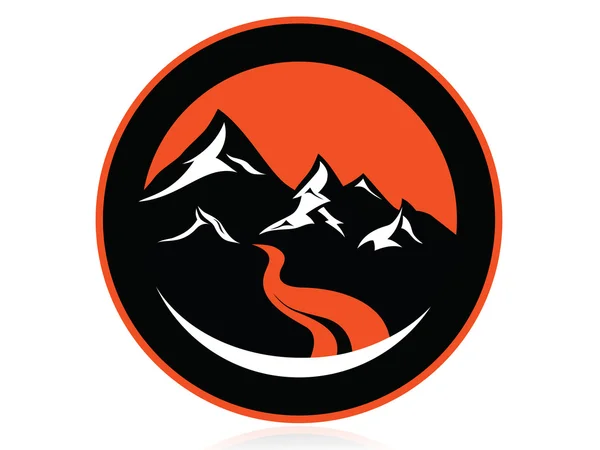 Picos de montaña, río, en círculo, logotipo, icono, signo, vector — Vector de stock