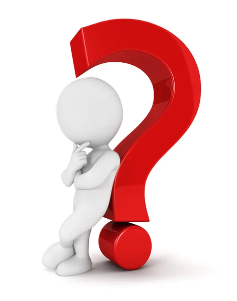 3d white leaning back against a question mark — Stock Photo, Image