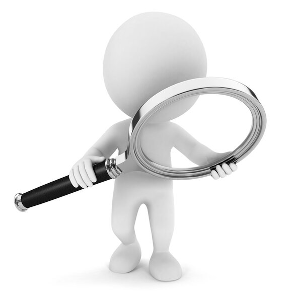 3d white examines through a magnifying glass, isolated white background, 3d image