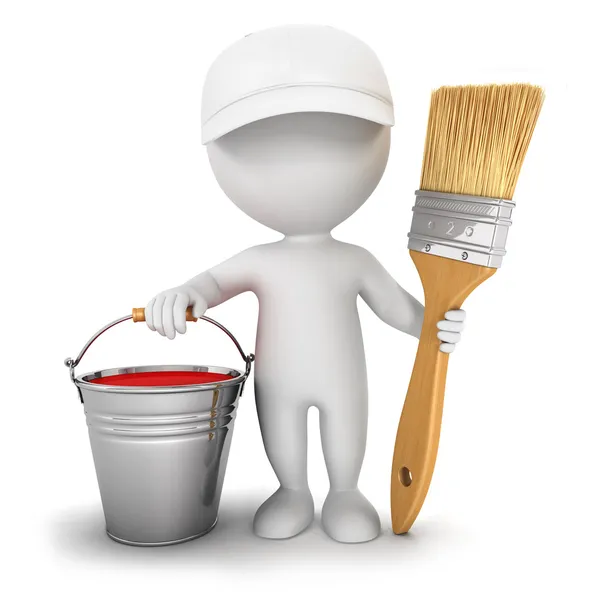 3d white with brush and paint bucket — Stock Photo, Image