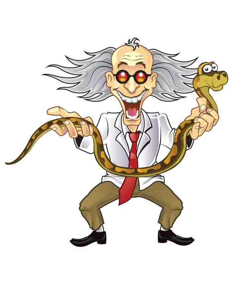Funny Scientist Holding Snake — Stock Vector