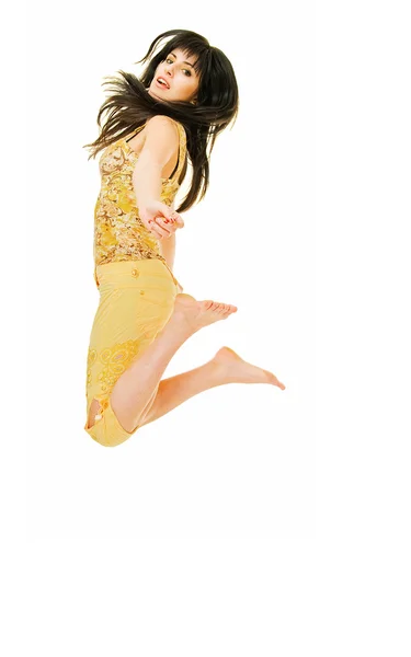 Jumping brunette — Stock Photo, Image