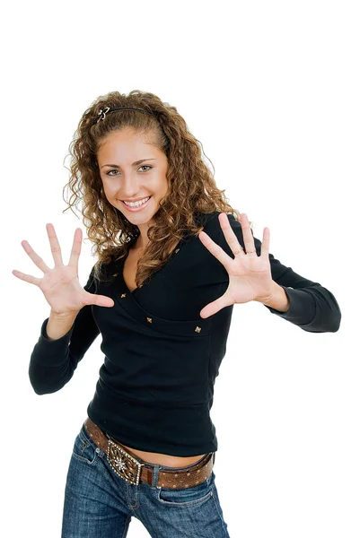 Girl shows ten fingers — Stock Photo, Image