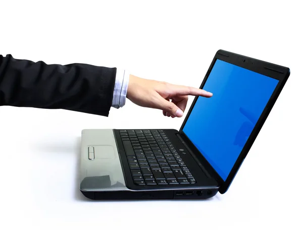 Pekfingret pekar på laptop — Stockfoto