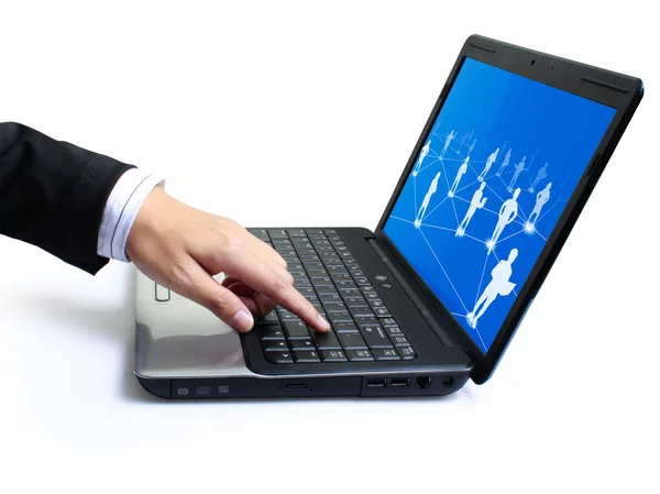 Forefinger pointing at laptop — Stock Photo, Image