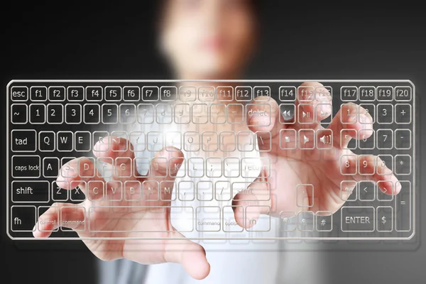 Hand typing on keyboard interface — Stock Photo, Image