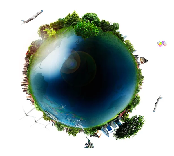 Concepto globo miniatura que muestra los diversos modos de transporte a —  Fotos de Stock