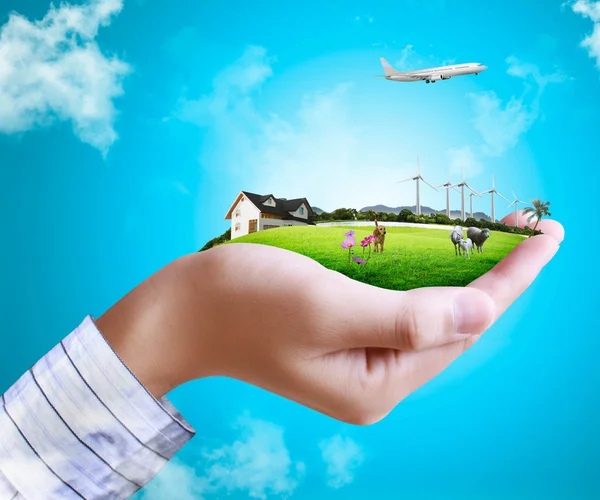 Hand holding nature and aviation — Stock Photo, Image
