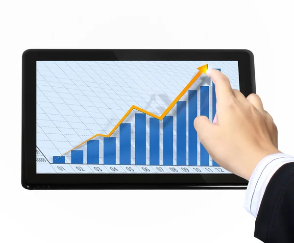 Empresários, mão apontando no gráfico de tela sensível ao toque em um tablet — Fotografia de Stock
