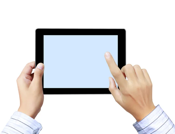 Las manos apuntan a la pantalla táctil, la tableta táctil — Foto de Stock