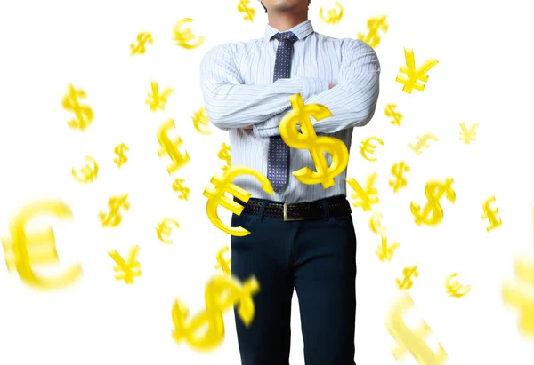 Бизнесмен с иконой денег, плавающей в воздухе — стоковое фото