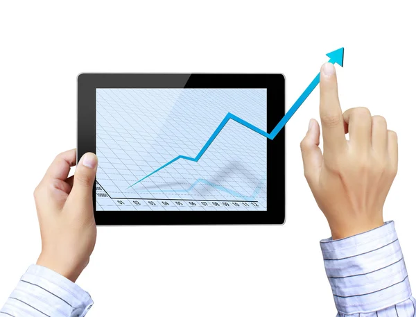 Zakenlieden, hand wijzen op Aanraking scherm grafiek op een Tablet PC — Stockfoto
