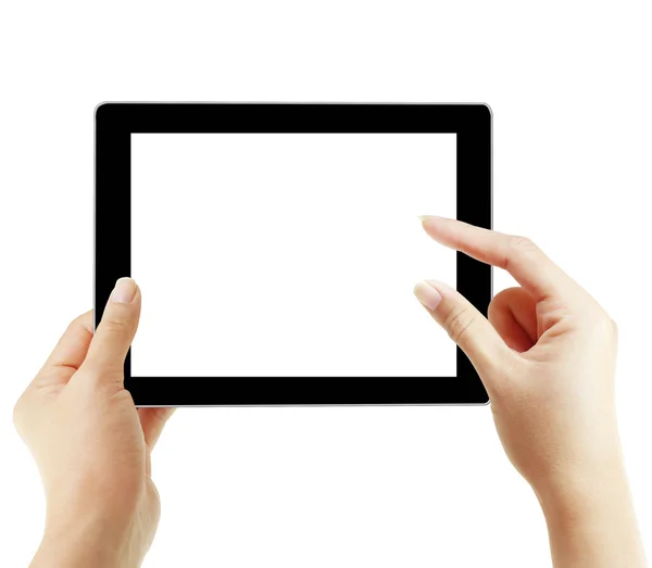 Las manos apuntan a la pantalla táctil, la tableta táctil —  Fotos de Stock
