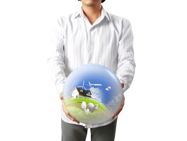 Держа в руках изображение светящегося земного шара, предоставленное NA — стоковое фото