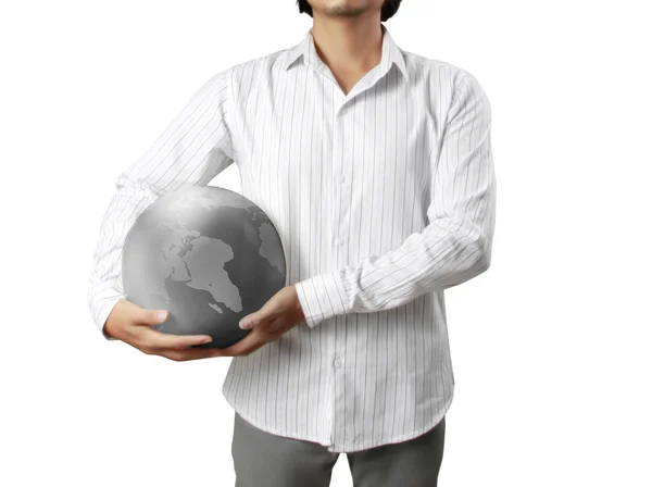 Bedrijf een gloeiende bol van de aarde in zijn handen beeld, geboden door nb — Stockfoto