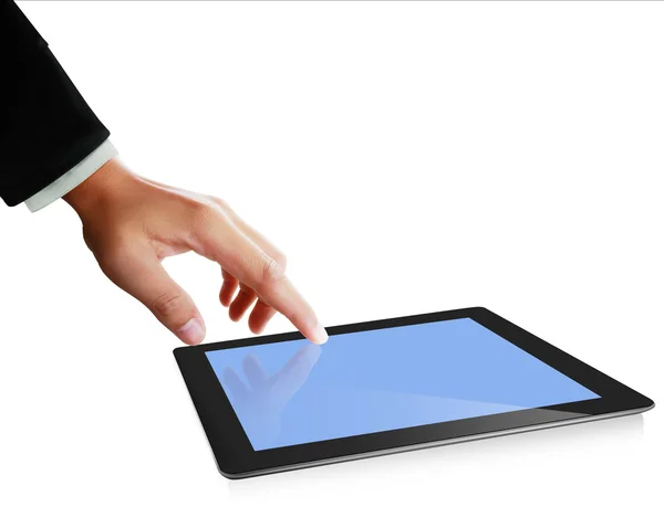 As mãos estão apontando na tela sensível ao toque, touch- tablet — Fotografia de Stock