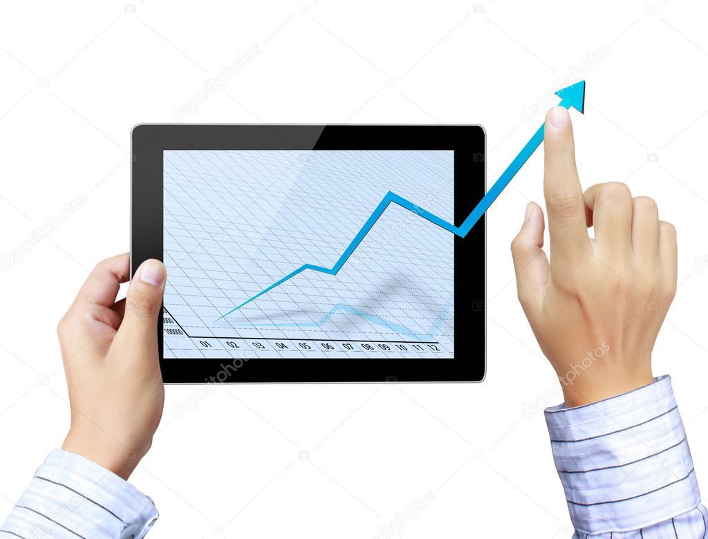 Businessmen, hand pointing on touch screen graph on a tablet