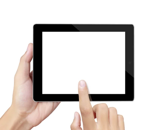 Händerna pekar på touch-skärm, touch-tabell — Stockfoto