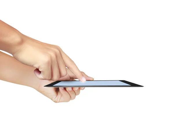 Händerna pekar på touch-skärm, touch-tabell — Stockfoto