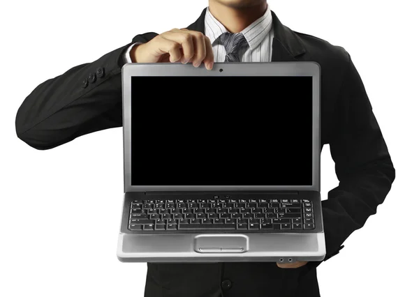 Segurando um laptop — Fotografia de Stock