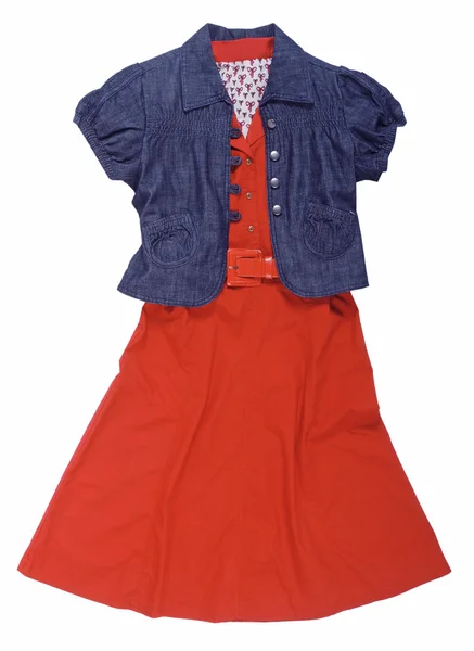 Rochie roșie și jachetă albastră — Fotografie, imagine de stoc