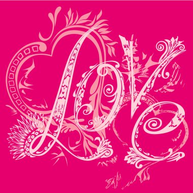 Valentine s Day card. The inscription love in the style of abstract floral pattern on a pink background. T-shirt design clipart