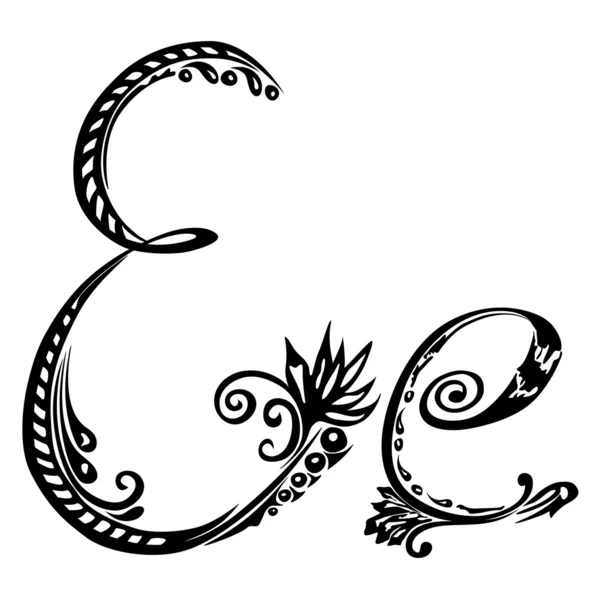 Lettre E e dans le style de motif floral abstrait sur un fond blanc — Image vectorielle