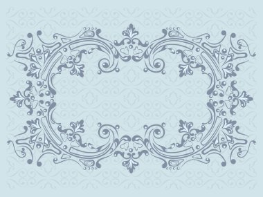 Design frame with swirling decorative elements on a blue ornamental background clipart