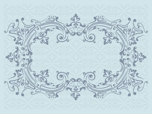 Marco de diseño con elementos decorativos giratorios sobre un fondo ornamental azul — Archivo Imágenes Vectoriales