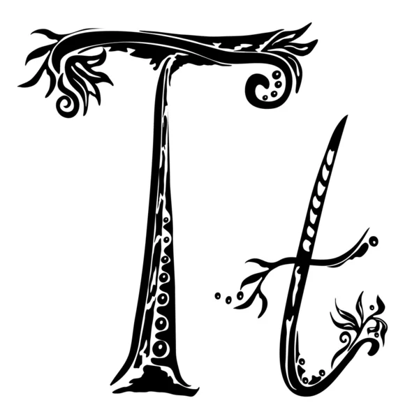 Lettre T t dans le style de motif floral abstrait sur un fond blanc — Image vectorielle