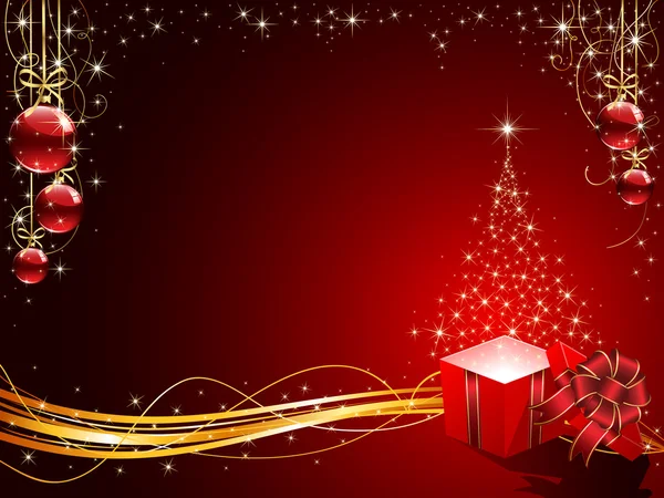 Noel ağacı, hediye kutusu ve topları — Stok Vektör