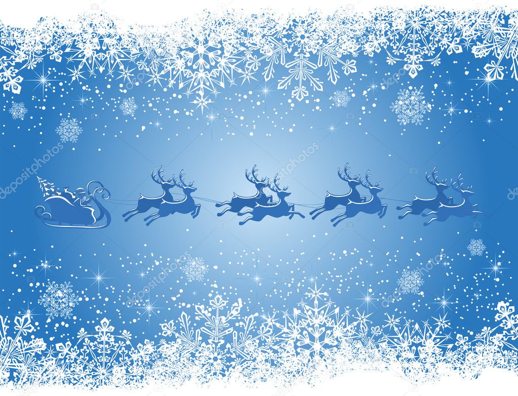 Blue Christmas background with snowflakes and Santa