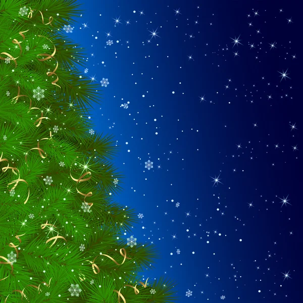 Jul träd med snöflingor på blå bakgrund — Stock vektor